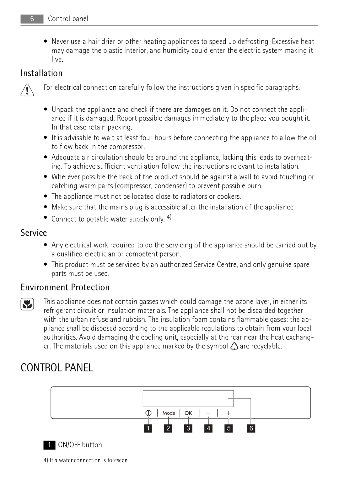 AEG A92860GNB0 user manual Control Panel, Installation, Service, Environment Protection 