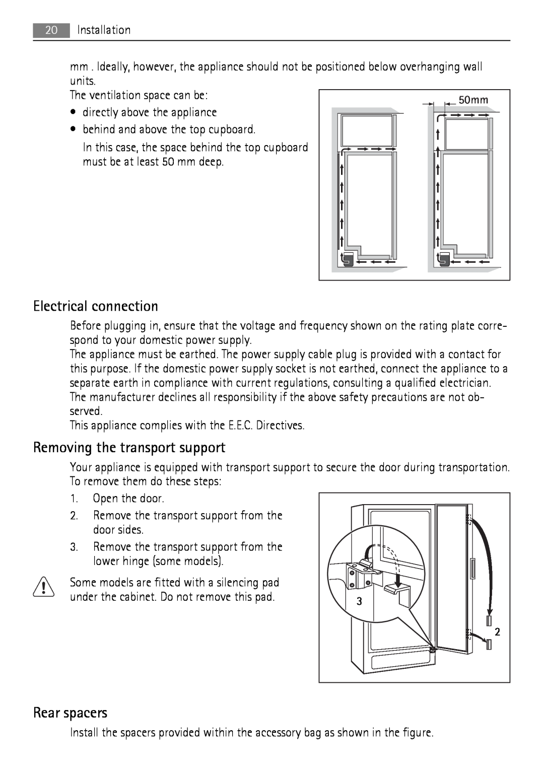 AEG A92860GNB0 user manual Electrical connection, Removing the transport support, Rear spacers 