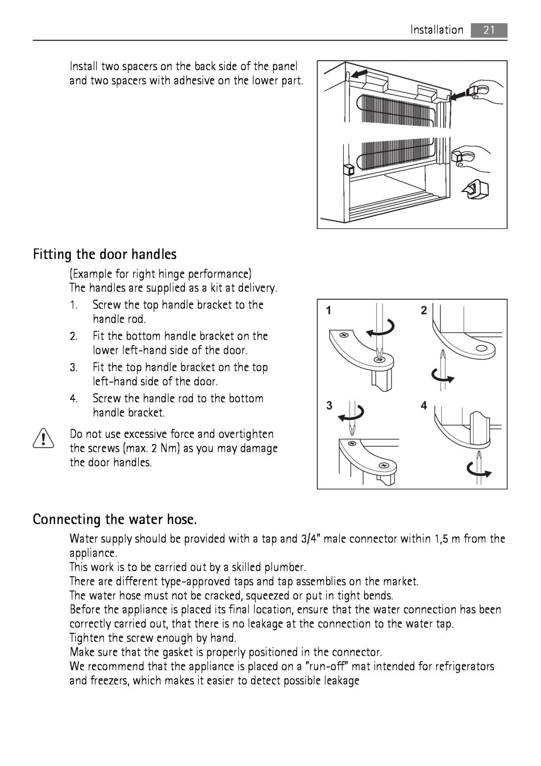 AEG A92860GNB0 user manual Fitting the door handles, Connecting the water hose 