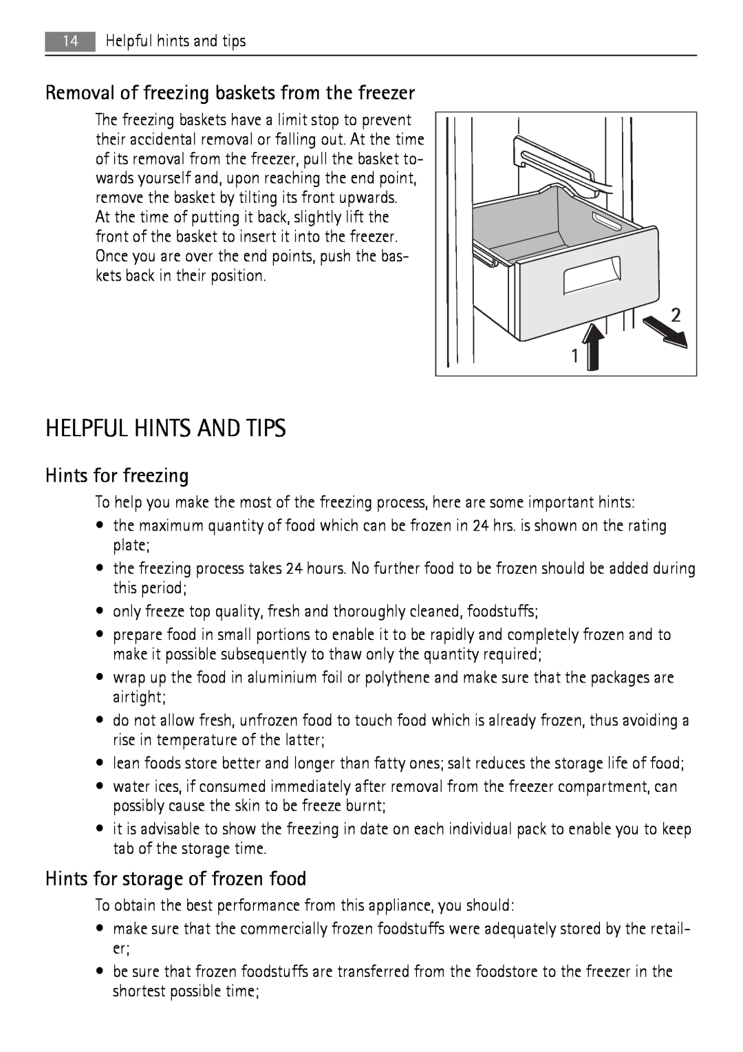 AEG A92860GNX0 user manual Helpful Hints And Tips, Hints for freezing, Hints for storage of frozen food 