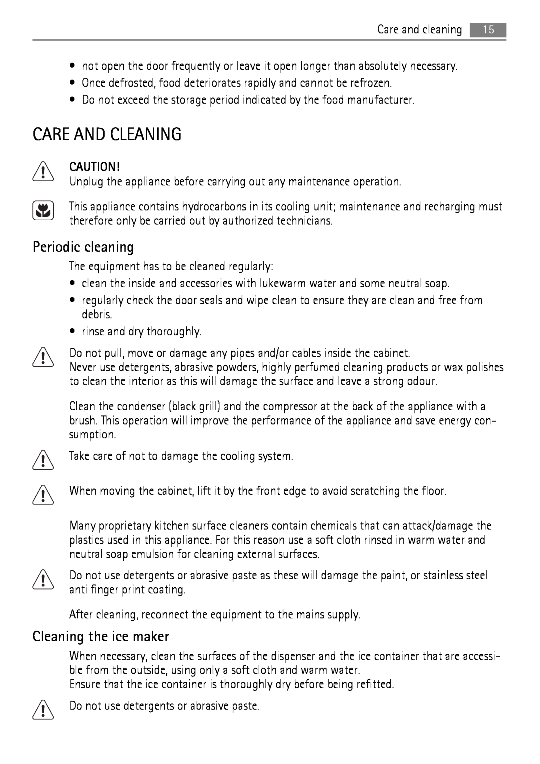 AEG A92860GNX0 user manual Care And Cleaning, Periodic cleaning, Cleaning the ice maker 