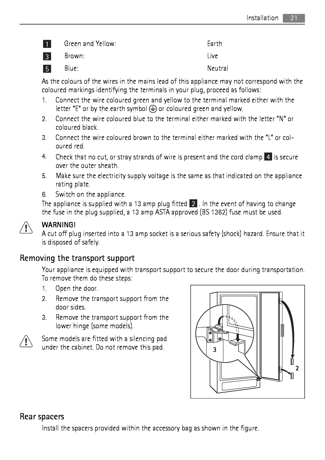 AEG A92860GNX0 user manual Removing the transport support, Rear spacers 