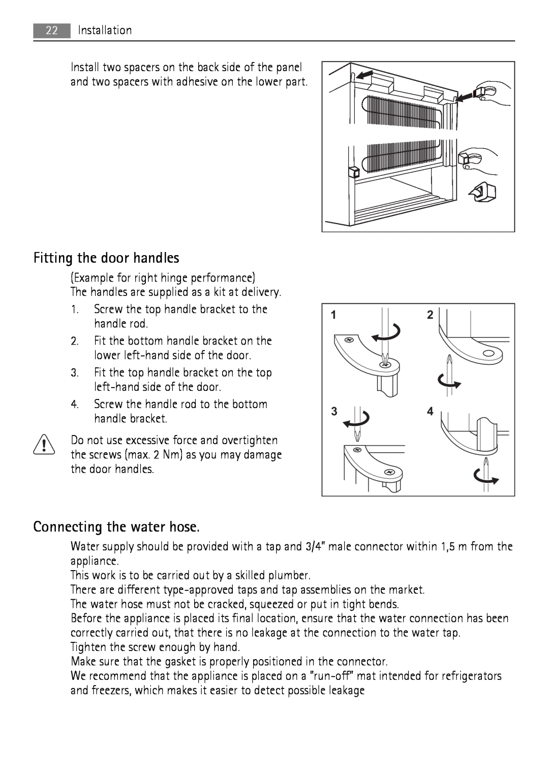 AEG A92860GNX0 user manual Fitting the door handles, Connecting the water hose 