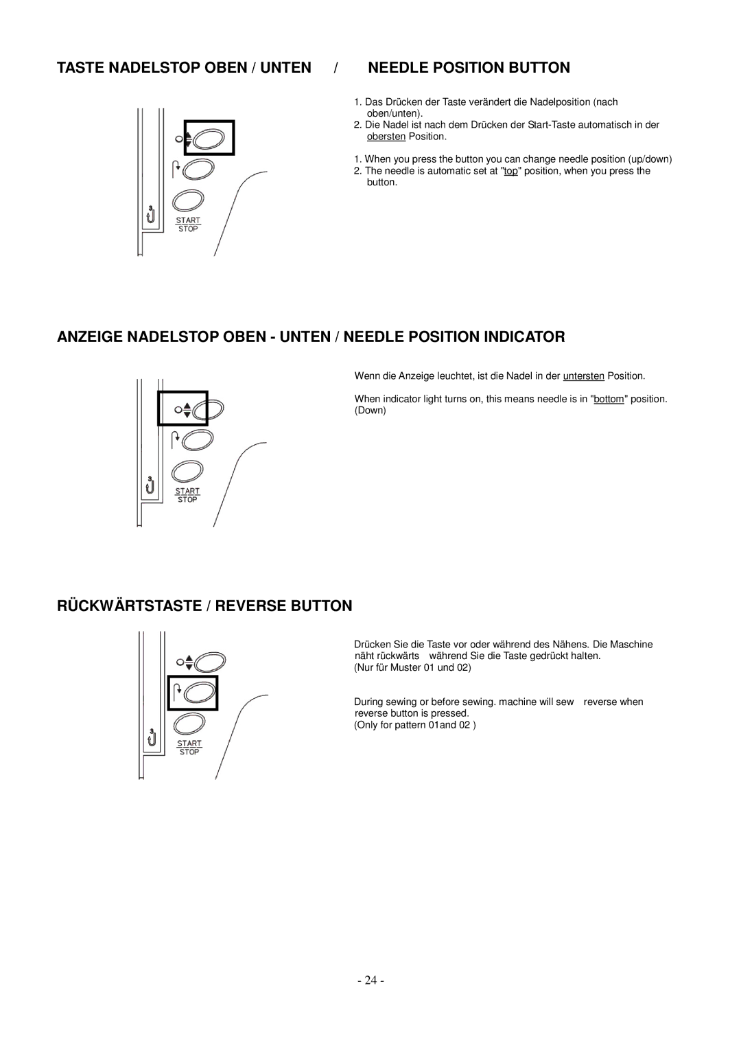 AEG aeg11680 instruction manual Taste Nadelstop Oben / Unten / Needle Position Button, Rückwärtstaste / Reverse Button 