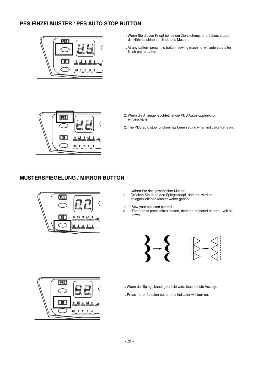 AEG aeg11680 instruction manual PES Einzelmuster / PES Auto Stop Button, Musterspiegelung / Mirror Button 