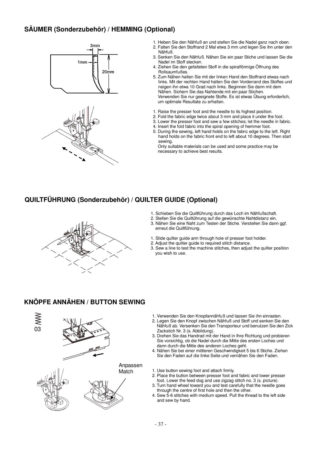 AEG aeg11680 instruction manual Säumer Sonderzubehör / Hemming Optional, Knöpfe Annähen / Button Sewing 