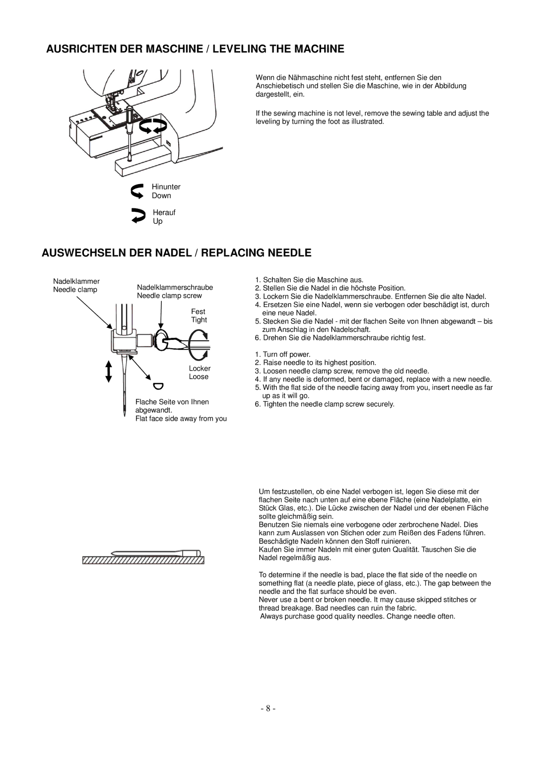 AEG aeg11680 instruction manual Ausrichten DER Maschine / Leveling the Machine, Auswechseln DER Nadel / Replacing Needle 