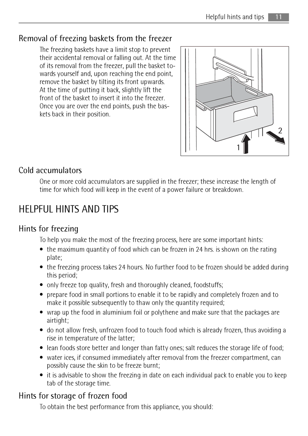 AEG AGN2451, AGN2901 Helpful Hints and Tips, Cold accumulators, Hints for freezing, Hints for storage of frozen food 