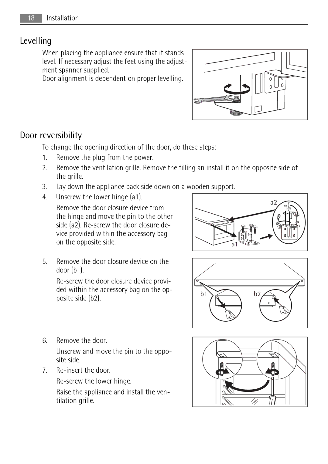 AEG AGN2901, AGN2451 user manual Levelling, Door reversibility 