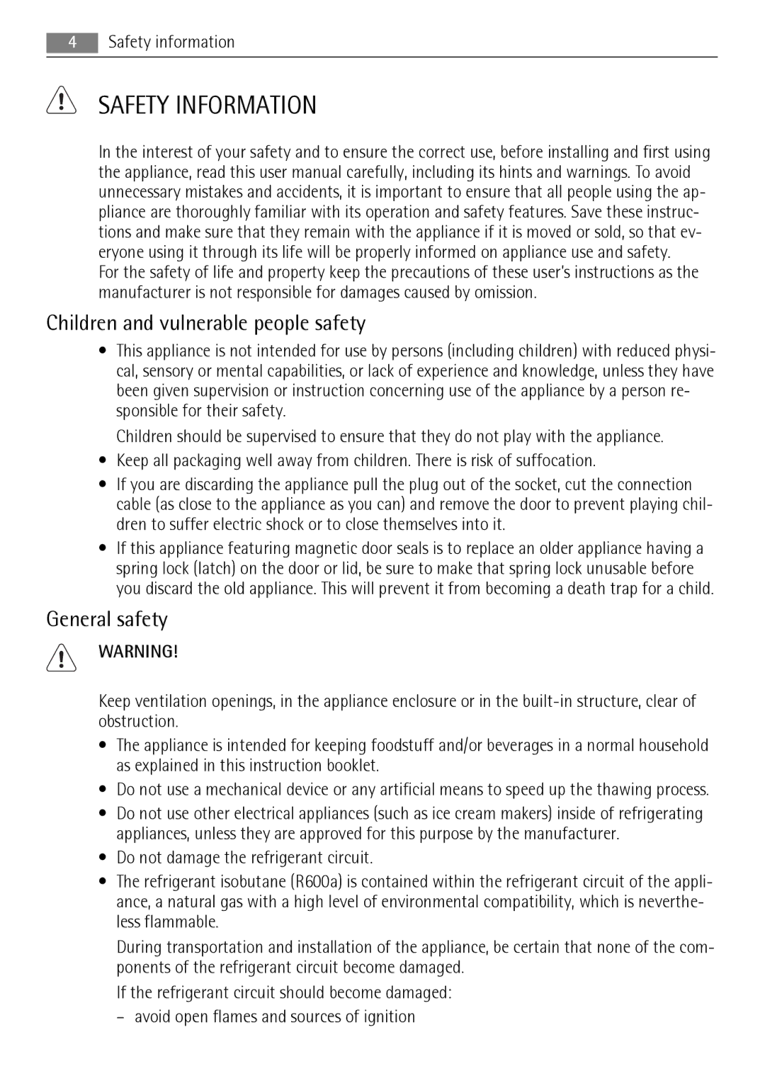 AEG AGN2901, AGN2451 user manual Safety Information, Children and vulnerable people safety, General safety 