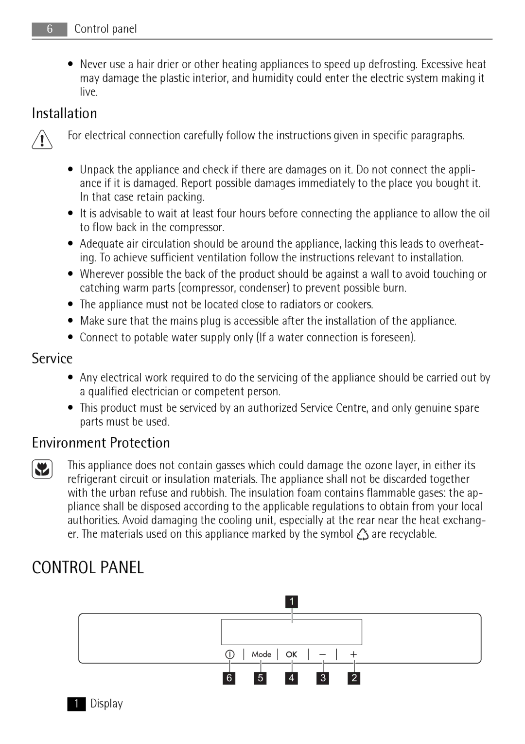 AEG AGN2901, AGN2451 user manual Control Panel, Installation, Service, Environment Protection 