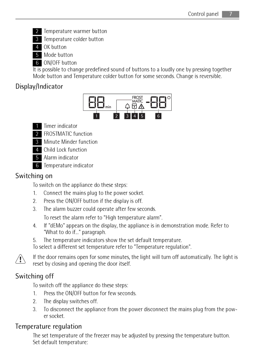 AEG AGN2451, AGN2901 user manual Display/Indicator, Switching on, Switching off, Temperature regulation 