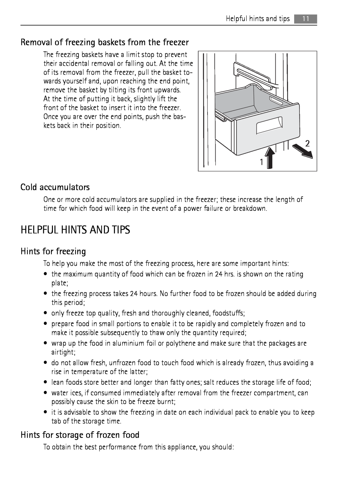 AEG AGN2451, AGN2901 Helpful Hints And Tips, Cold accumulators, Hints for freezing, Hints for storage of frozen food 
