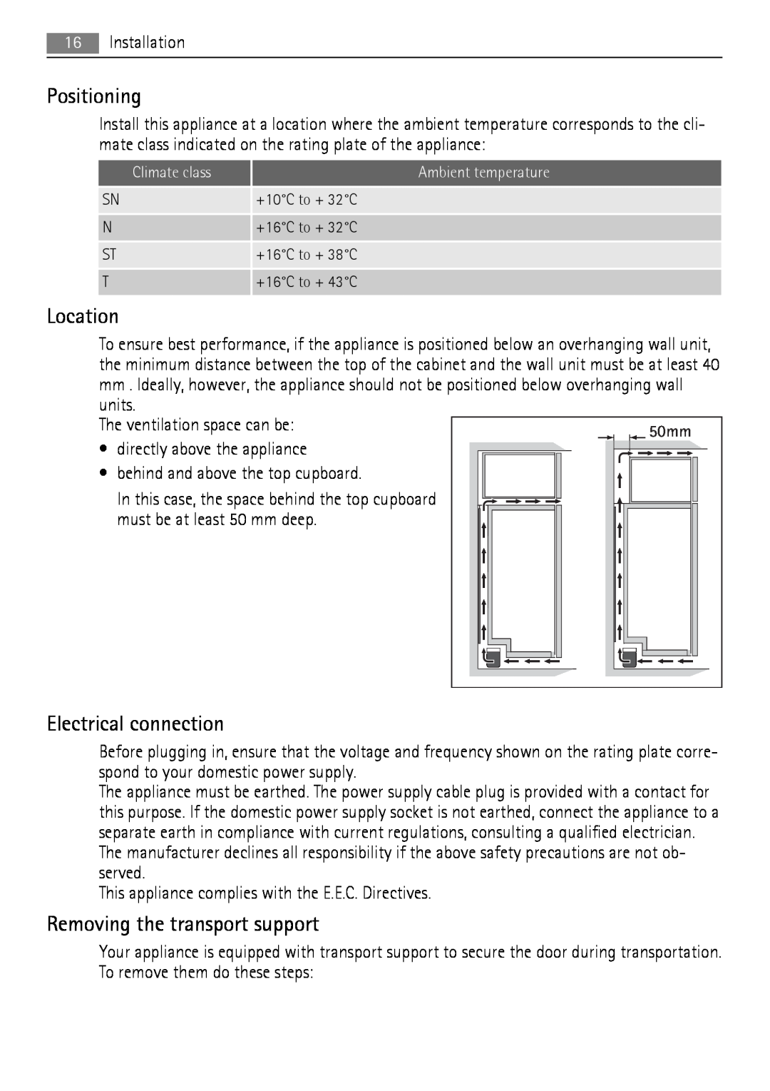 AEG AGN2901, AGN2451 user manual Positioning, Location, Electrical connection, Removing the transport support 