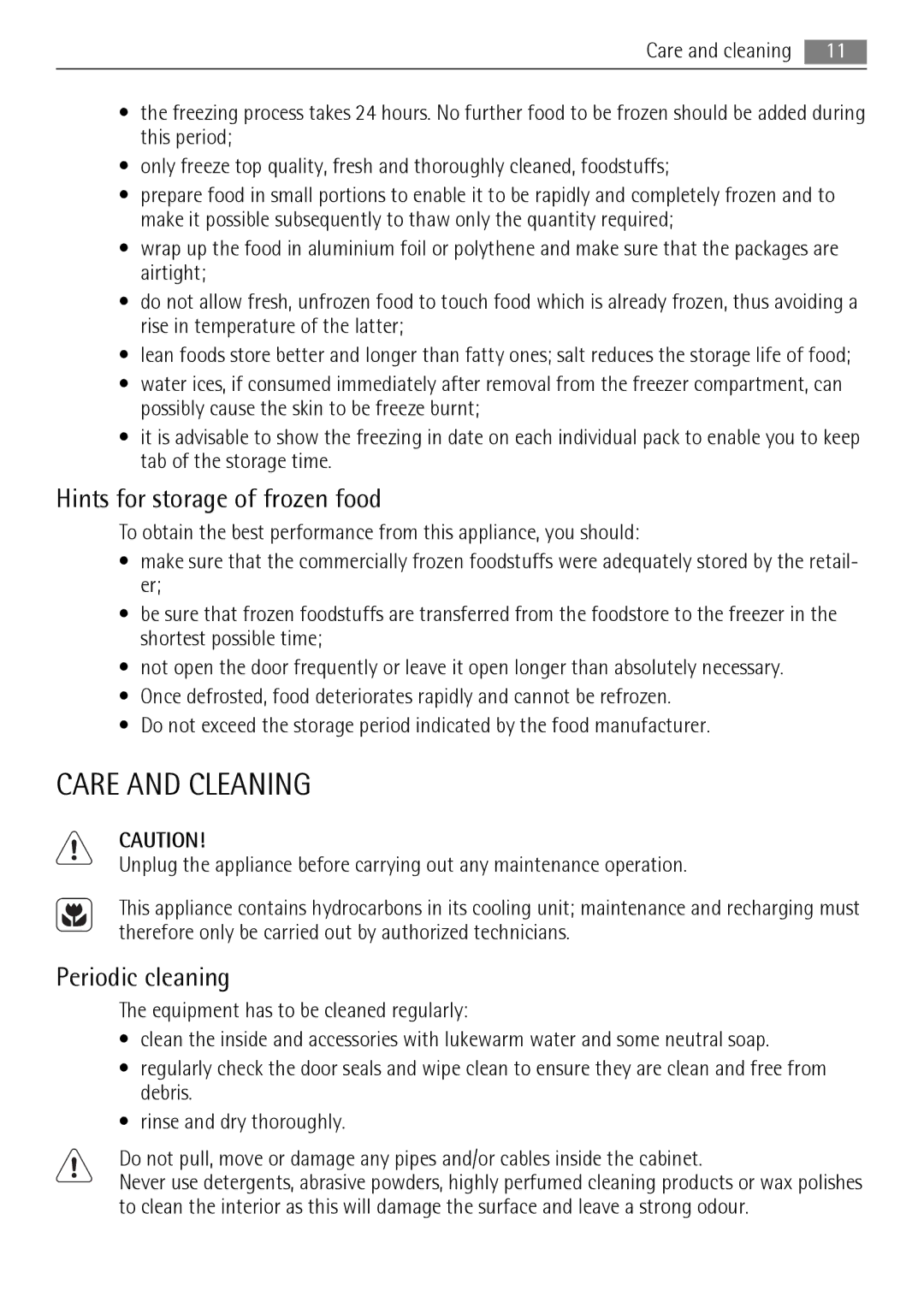 AEG AGN71200F0 user manual Care and Cleaning, Hints for storage of frozen food, Periodic cleaning 