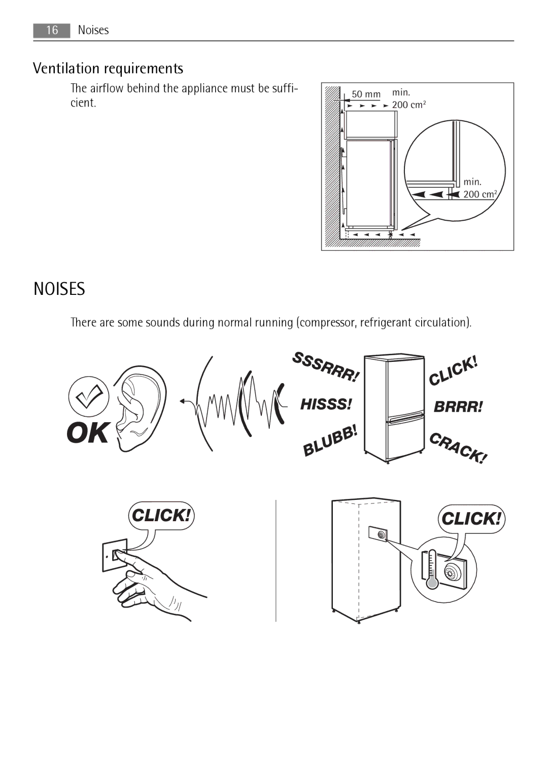 AEG AGN71200F0 user manual Noises, Ventilation requirements 