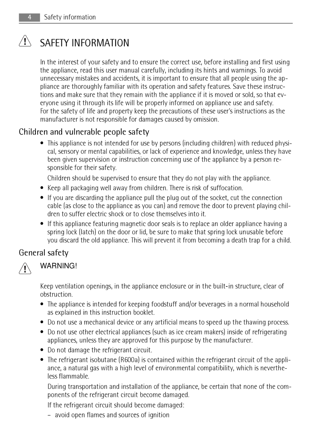 AEG AGN71200F0 user manual Safety Information, Children and vulnerable people safety, General safety 