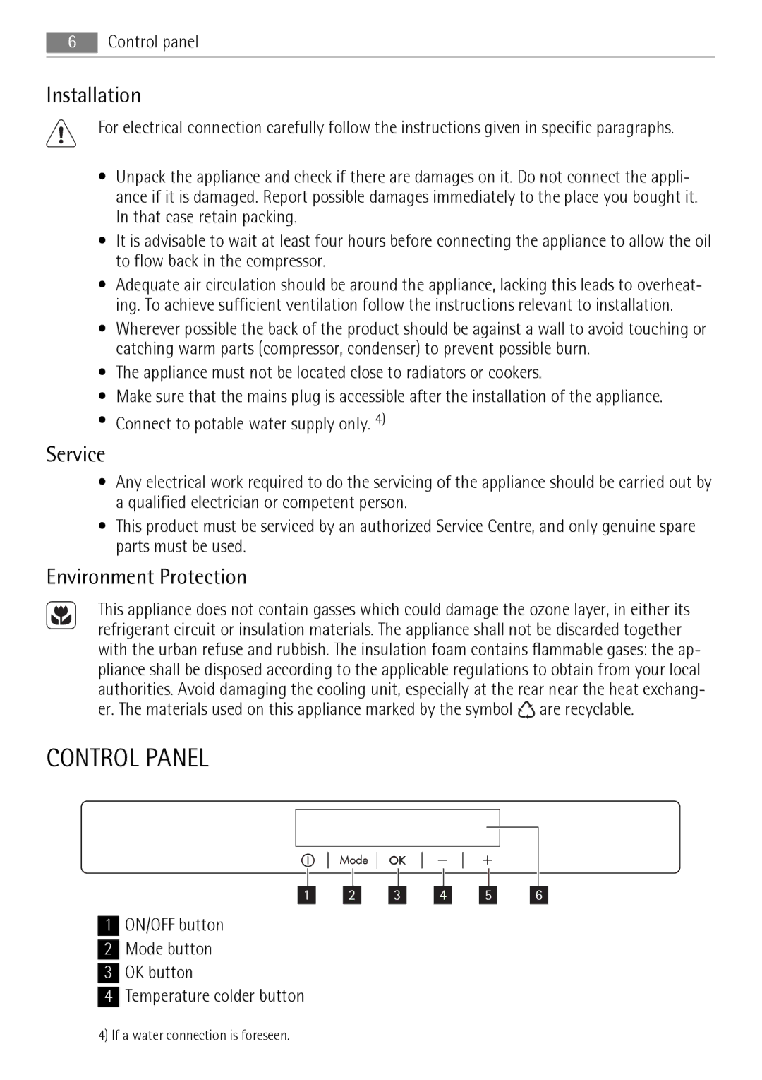 AEG AGN71200F0 user manual Control Panel, Installation, Service, Environment Protection 