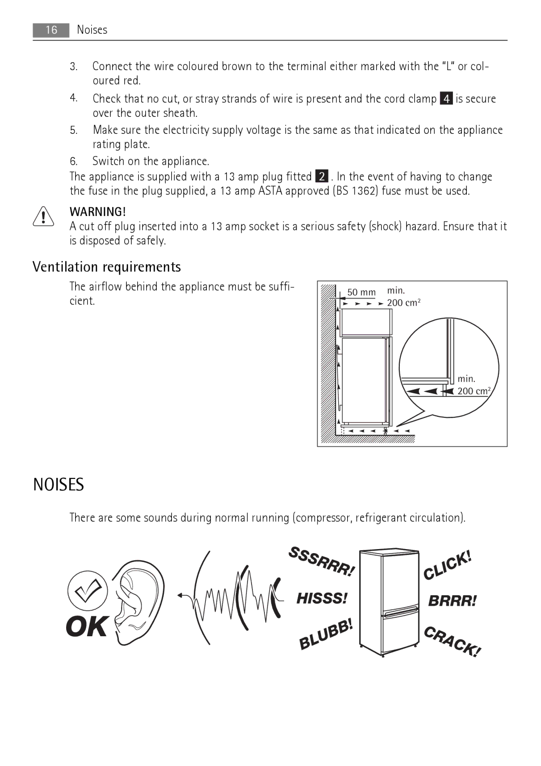 AEG AGN71800F0 user manual Noises, Ventilation requirements 