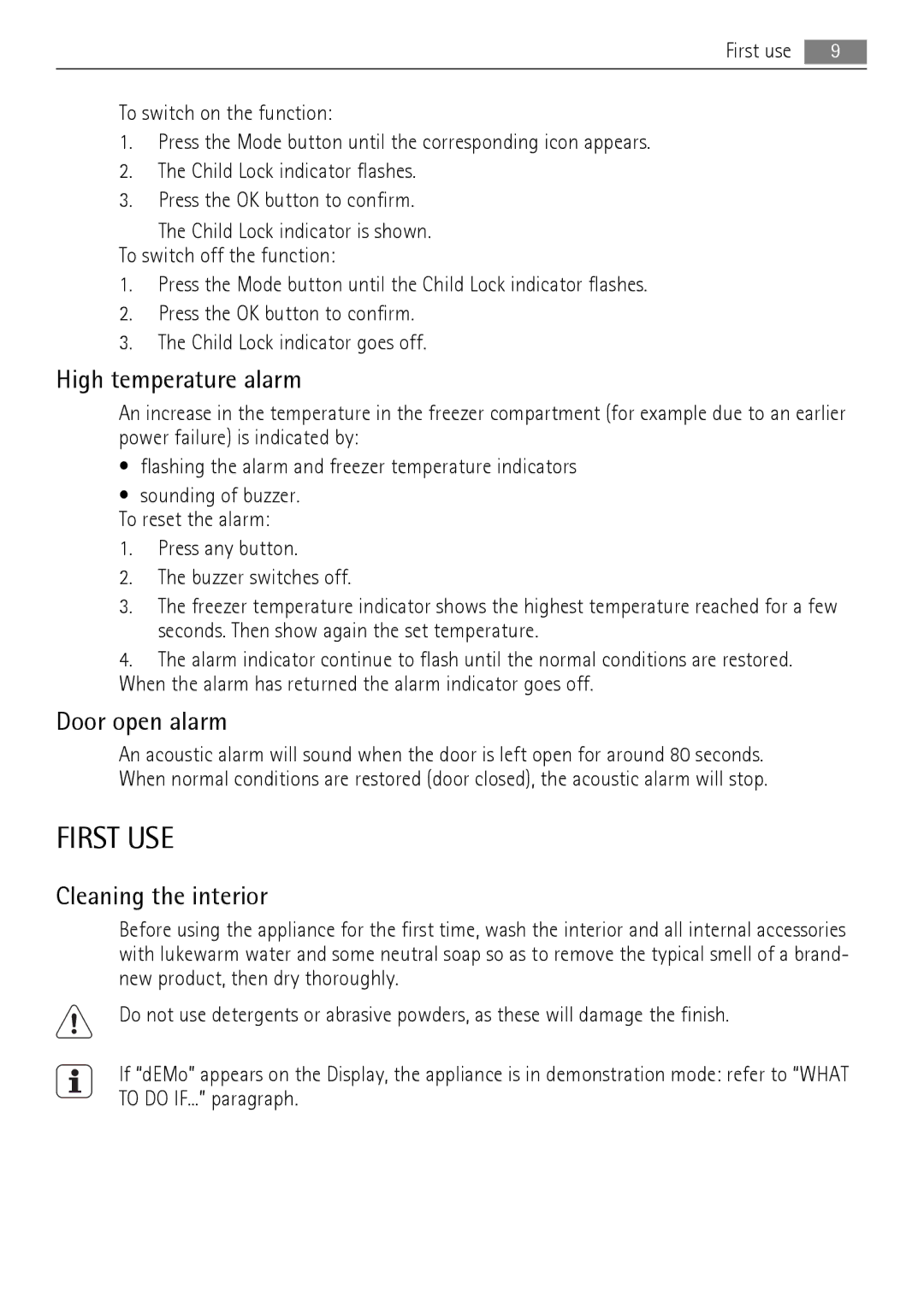 AEG AGN71800F0 user manual First USE, High temperature alarm, Door open alarm, Cleaning the interior 