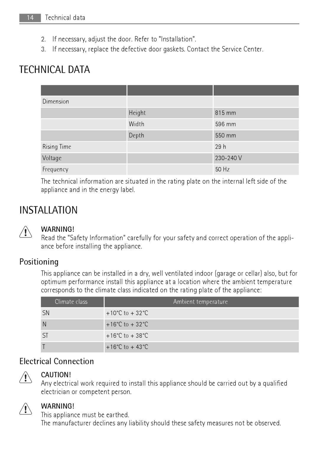 AEG AGS58200F0 user manual Technical Data, Installation, Positioning, Electrical Connection 