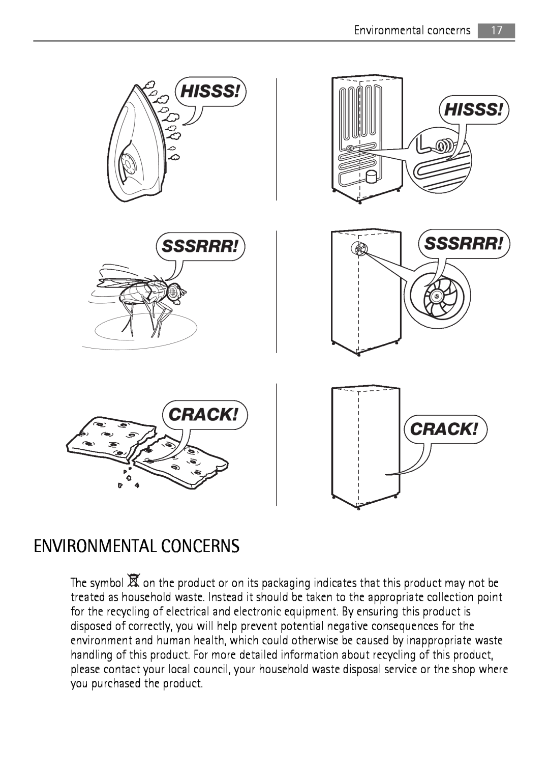 AEG AGS58200F0 user manual Environmental Concerns, Hisss Sssrrr Crack 