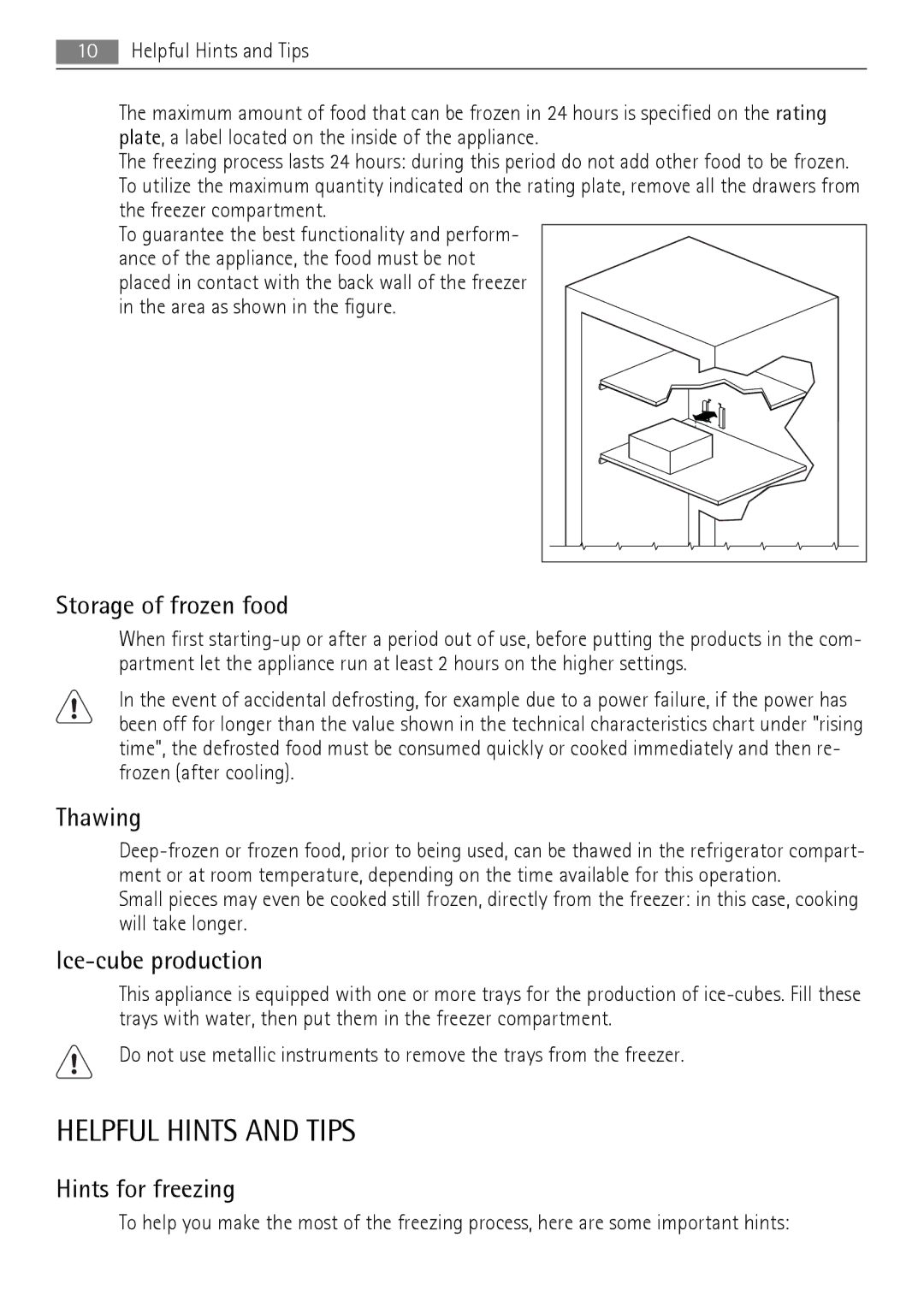 AEG AGS78800F0 user manual Helpful Hints and Tips, Storage of frozen food, Thawing, Ice-cube production, Hints for freezing 