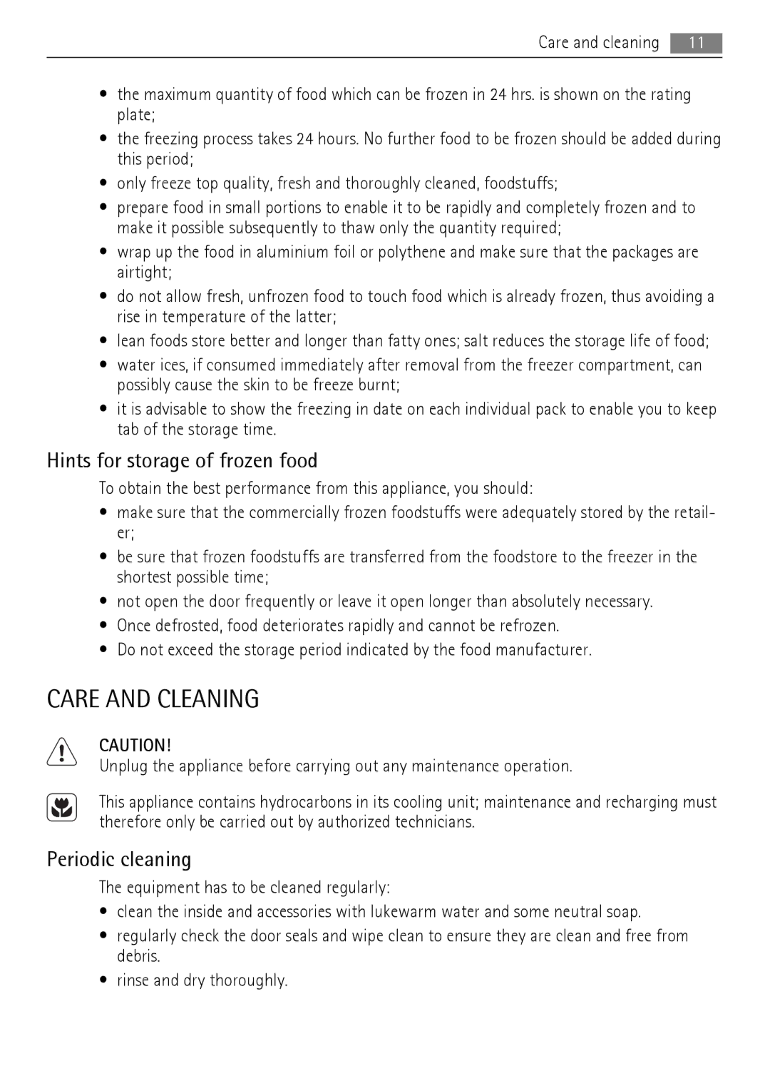 AEG AGS78800F0 user manual Care and Cleaning, Hints for storage of frozen food, Periodic cleaning 