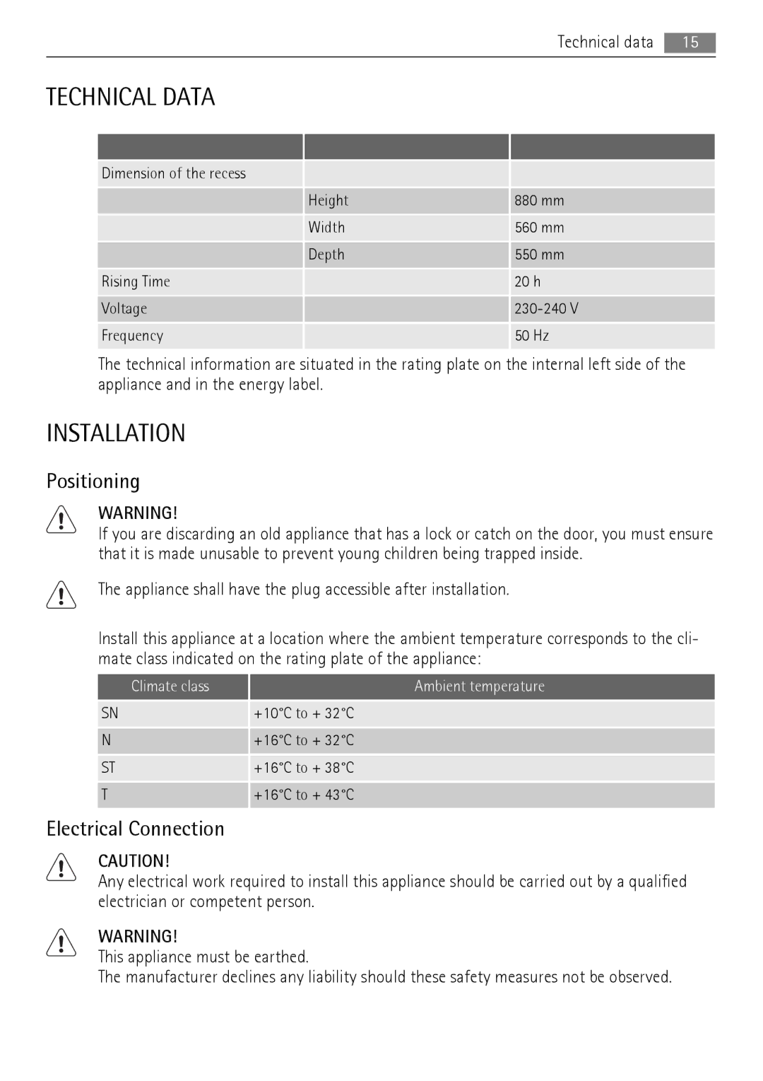 AEG AGS78800F0 user manual Technical Data, Installation, Positioning, Electrical Connection 