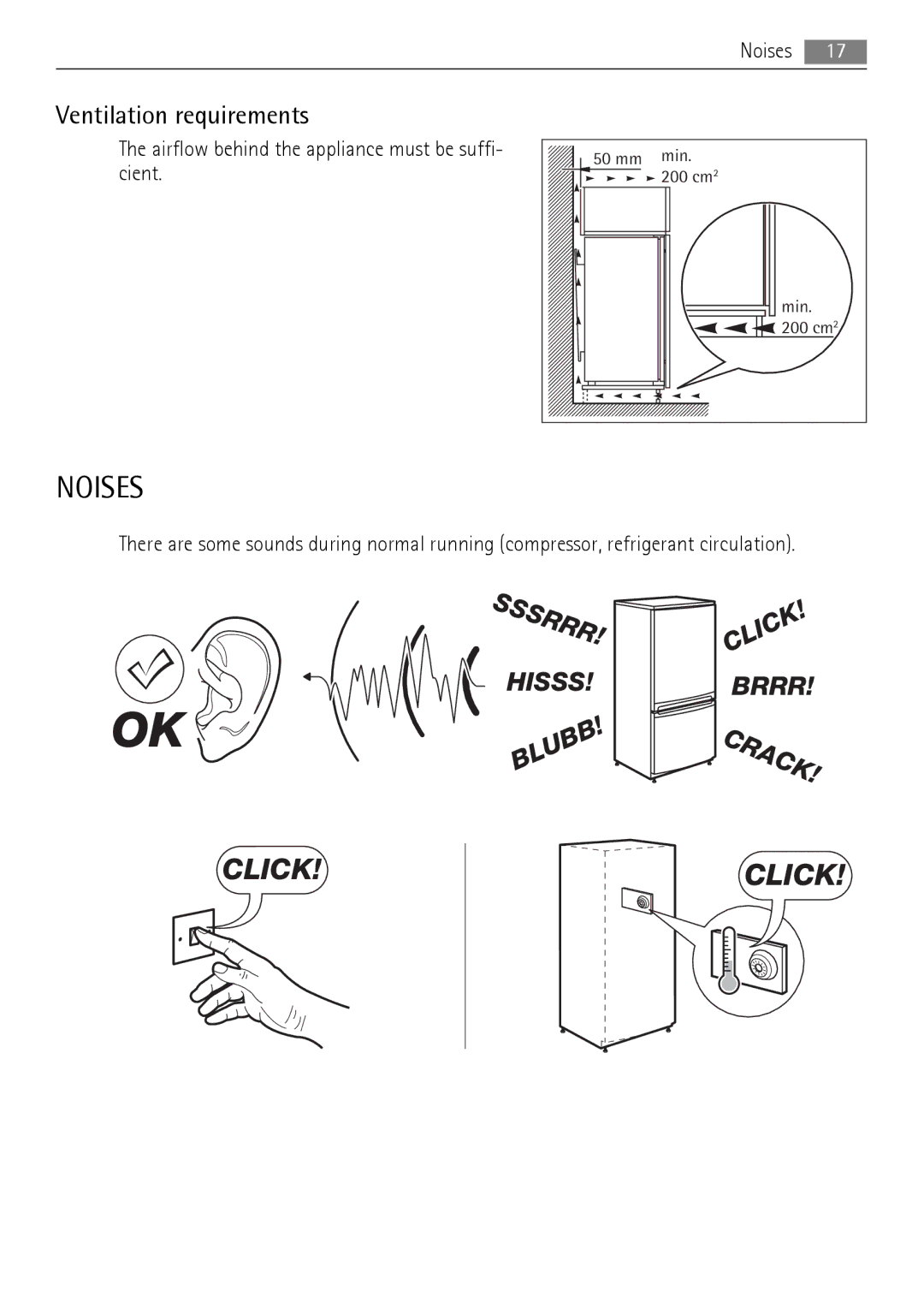 AEG AGS78800F0 user manual Noises, Ventilation requirements 