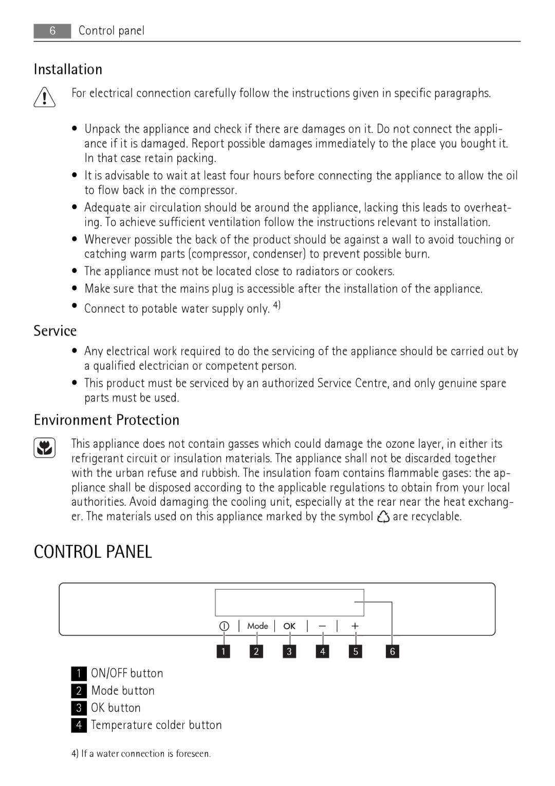 AEG AGS78800F0 user manual Control Panel, Installation, Service, Environment Protection 