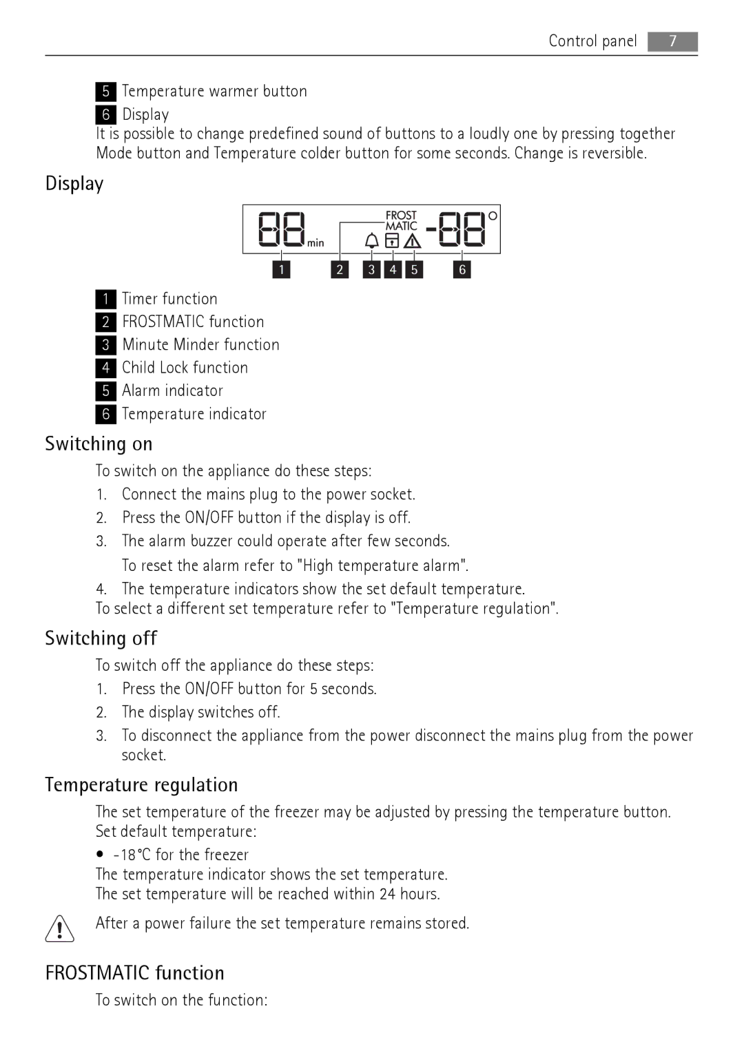 AEG AGS78800F0 user manual Display, Switching on, Switching off, Temperature regulation, Frostmatic function 