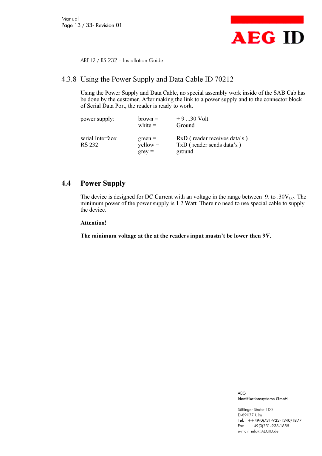 AEG ARE I2 manual Using the Power Supply and Data Cable ID 