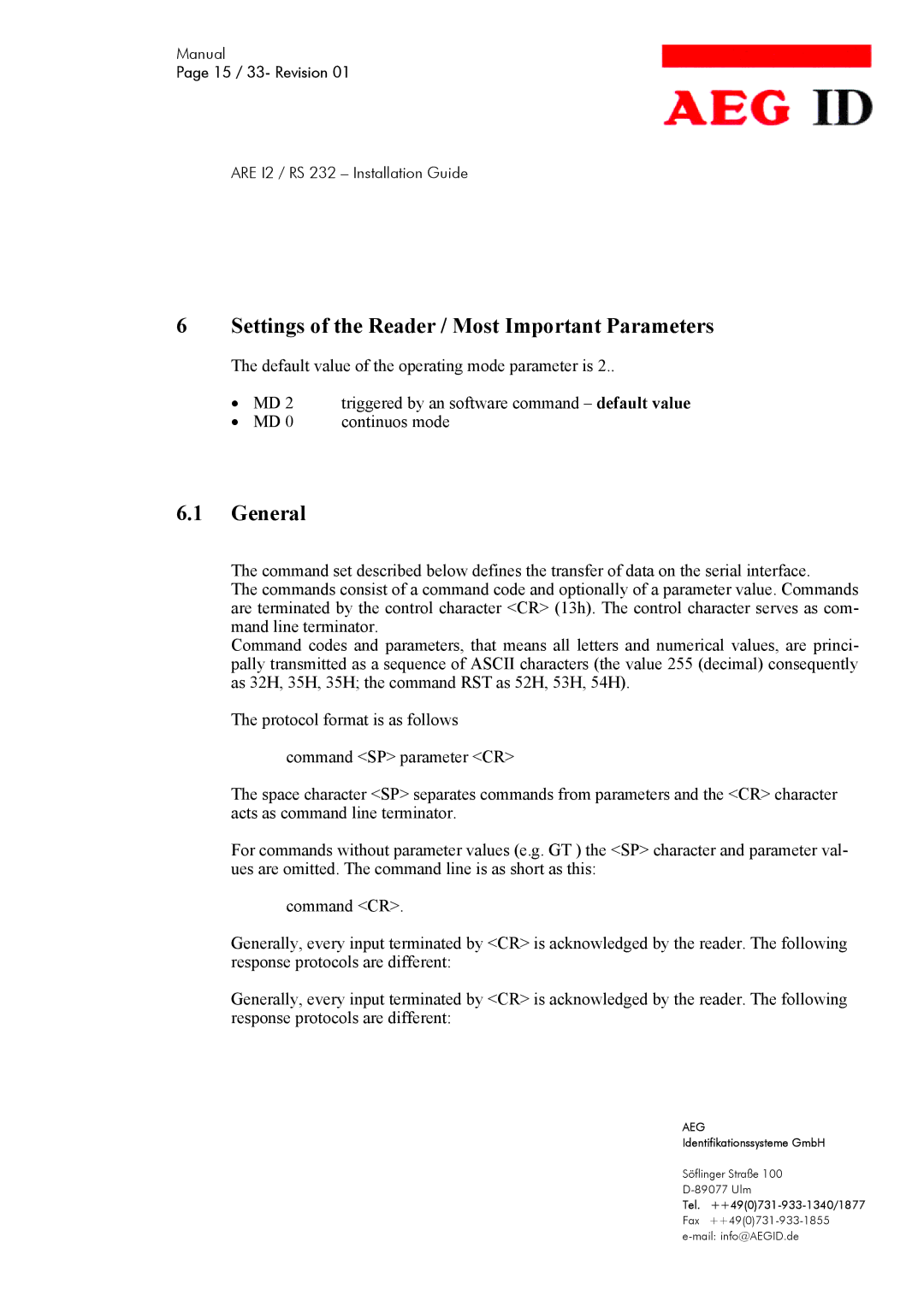 AEG ARE I2 manual Settings of the Reader / Most Important Parameters, General 