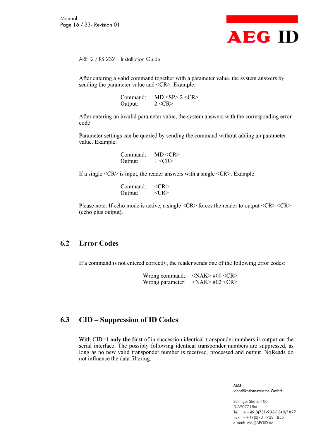 AEG ARE I2 manual Error Codes, CID Suppression of ID Codes 