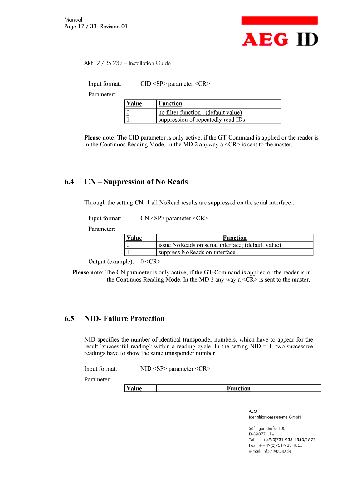 AEG ARE I2 manual CN Suppression of No Reads, NID- Failure Protection 