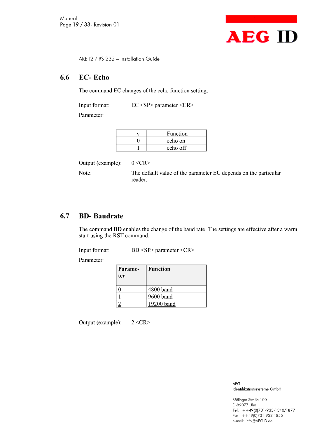 AEG ARE I2 manual EC- Echo, BD- Baudrate 