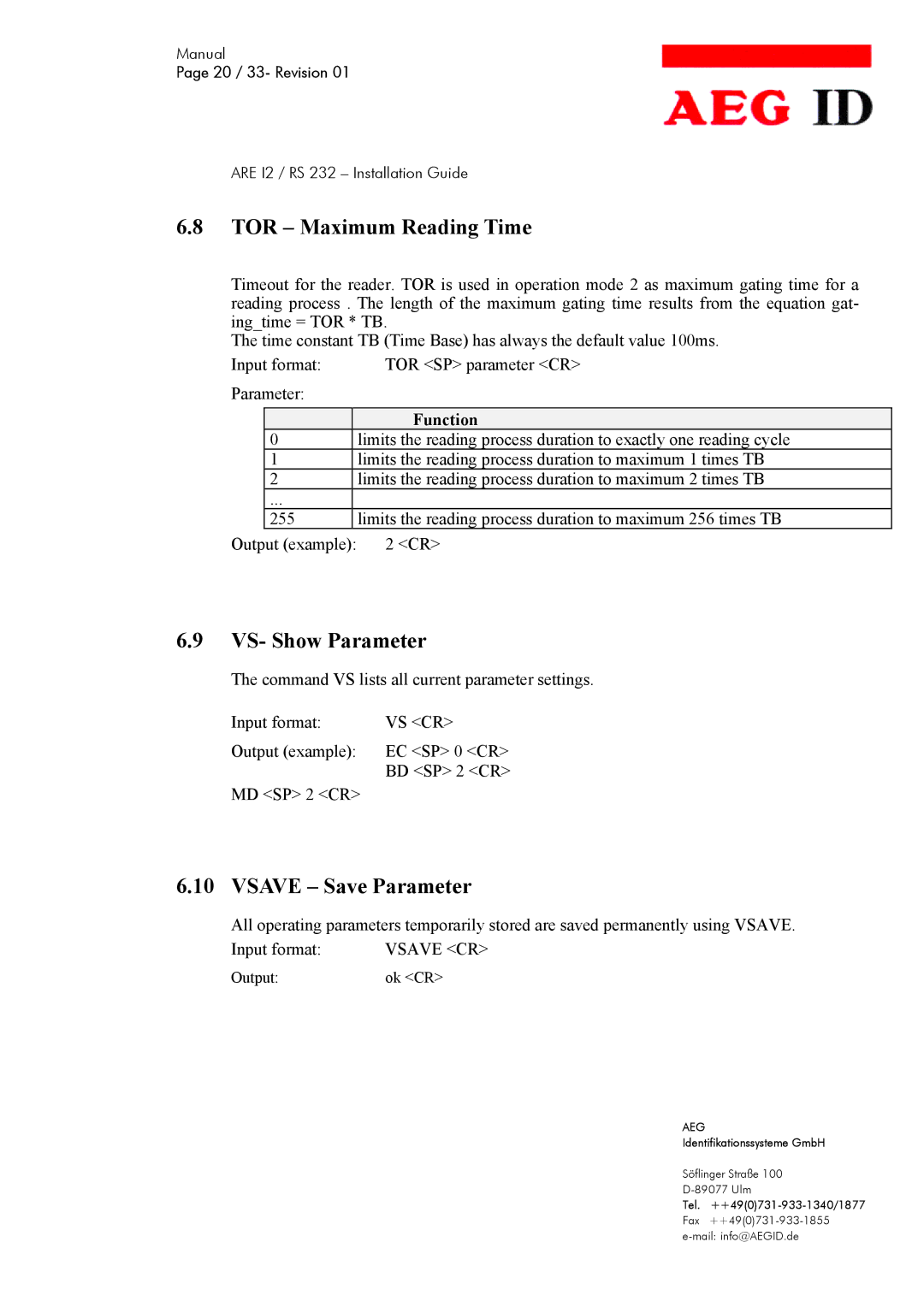 AEG ARE I2 manual TOR Maximum Reading Time, VS- Show Parameter, Vsave Save Parameter 