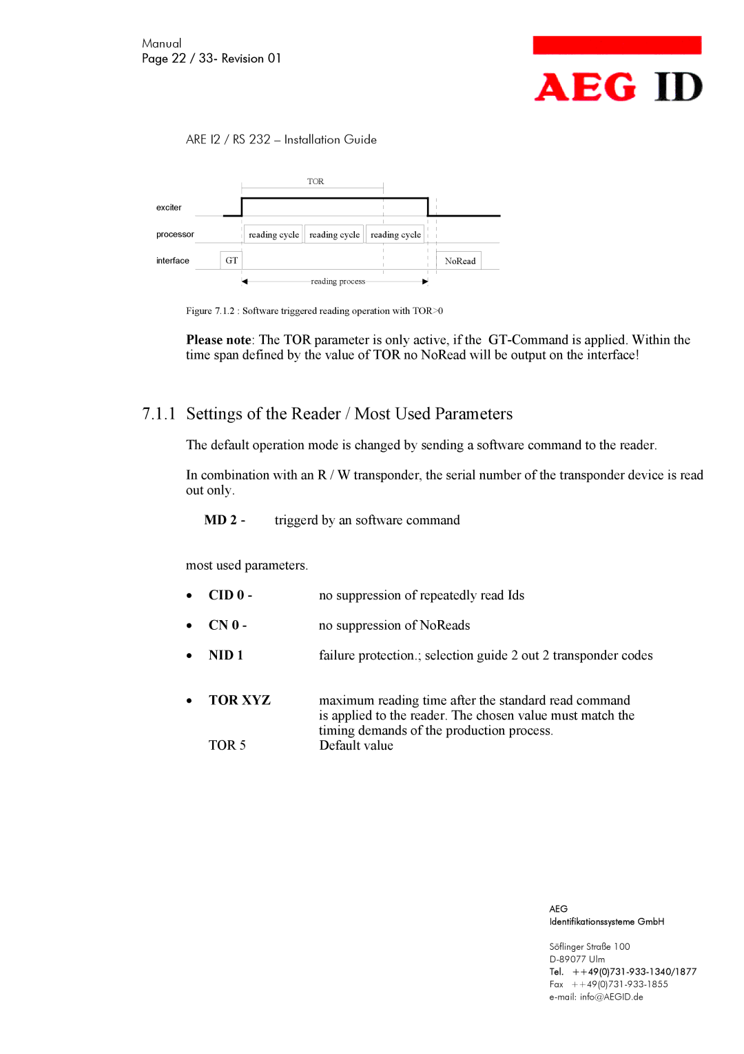 AEG ARE I2 manual Settings of the Reader / Most Used Parameters, 22 / 33- Revision 