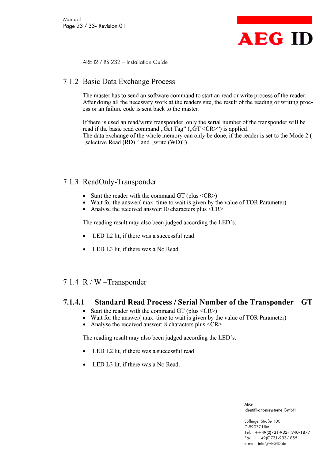 AEG ARE I2 manual Basic Data Exchange Process, ReadOnly-Transponder, 4 R / W -Transponder 