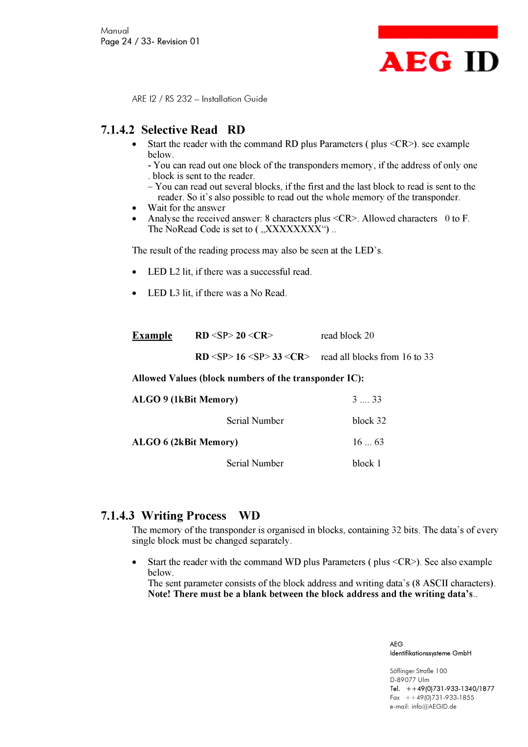 AEG ARE I2 manual Selective Read RD, Writing Process WD 