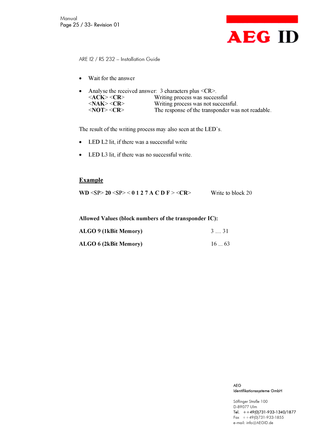 AEG ARE I2 manual Response of the transponder was not readable 