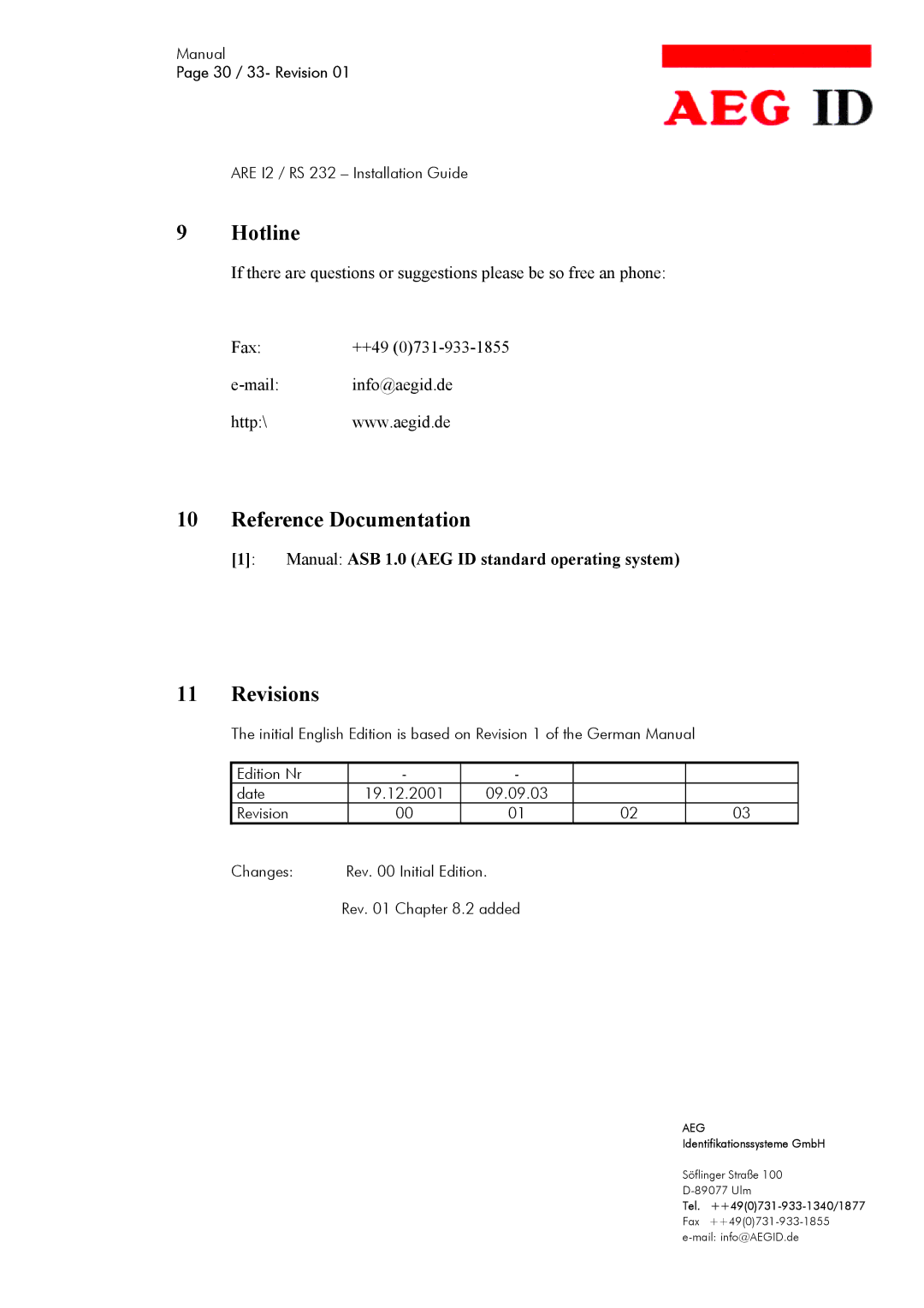 AEG ARE I2 manual Hotline, Reference Documentation, Revisions 