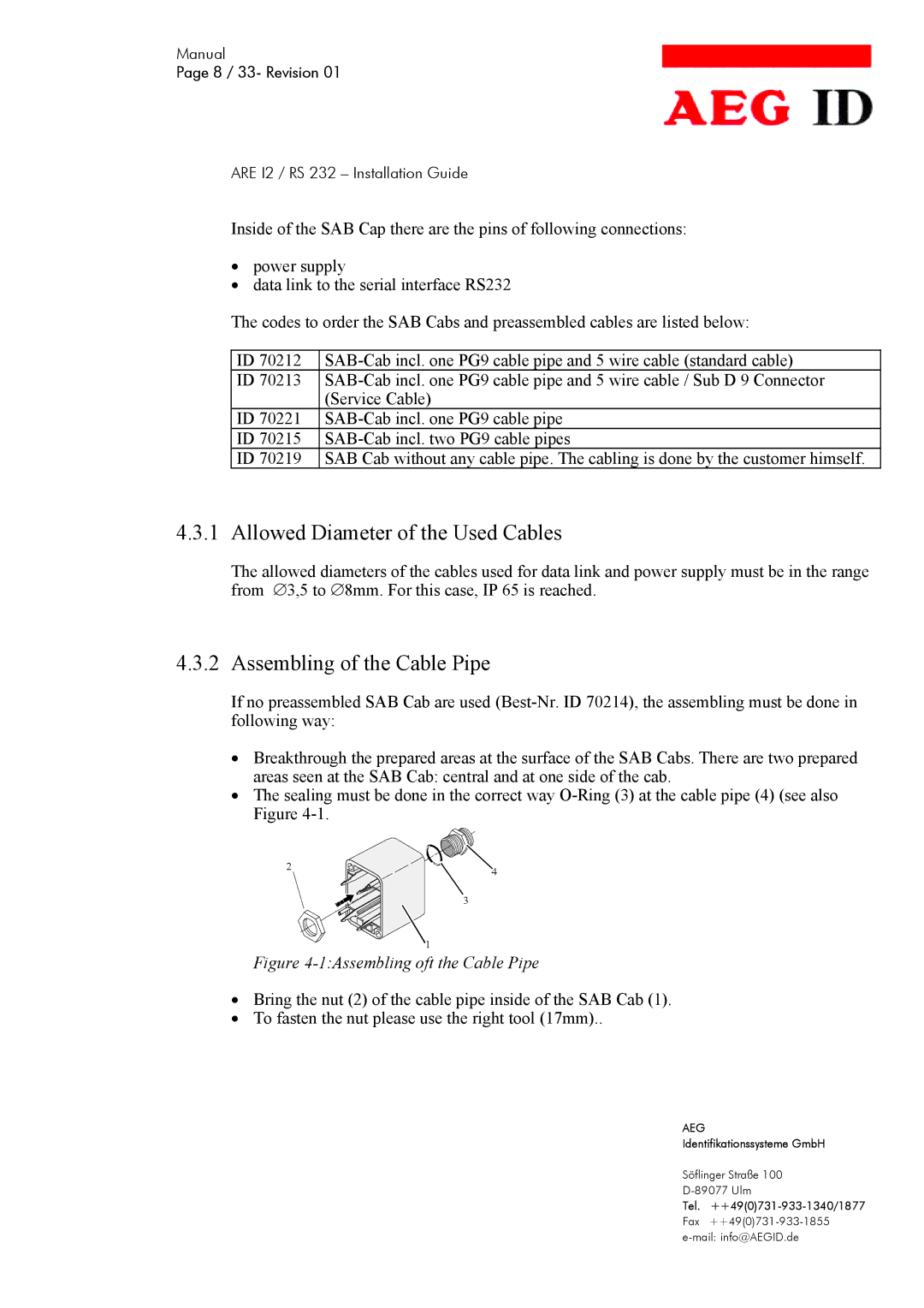 AEG ARE I2 manual Allowed Diameter of the Used Cables, Assembling of the Cable Pipe 