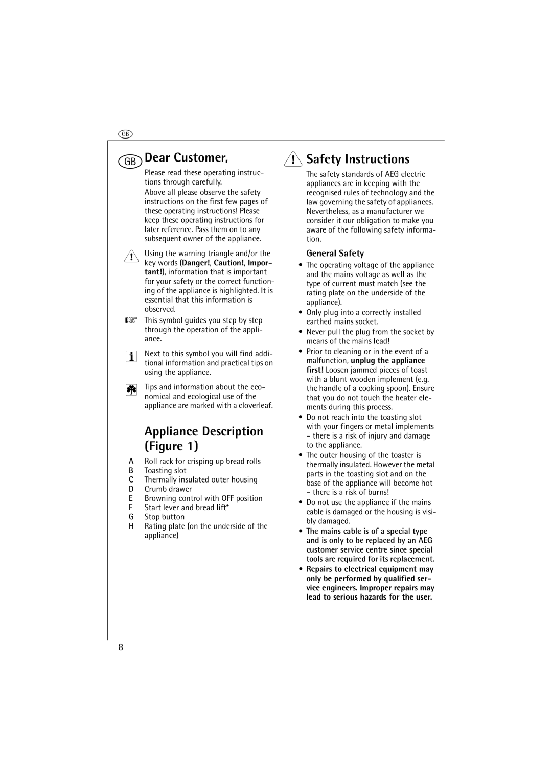 AEG AT 230 operating instructions GDear Customer, Safety Instructions, General Safety 