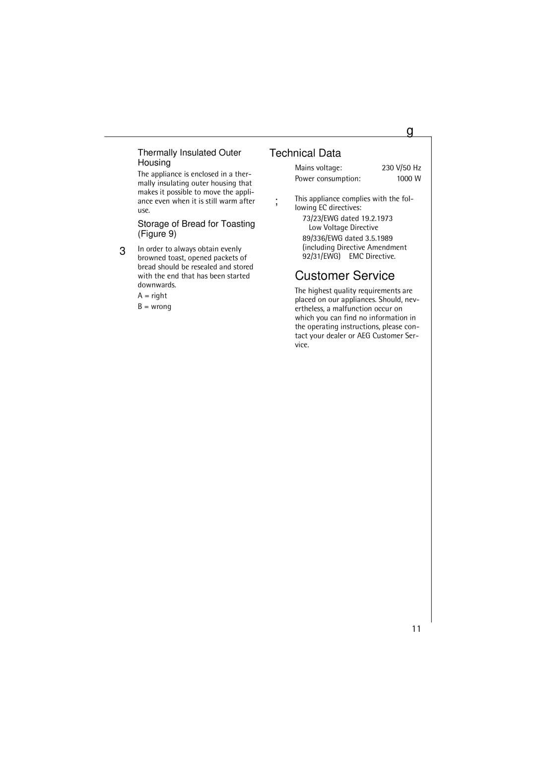 AEG AT 230 operating instructions Customer Service, Thermally Insulated Outer Housing, Storage of Bread for Toasting Figure 