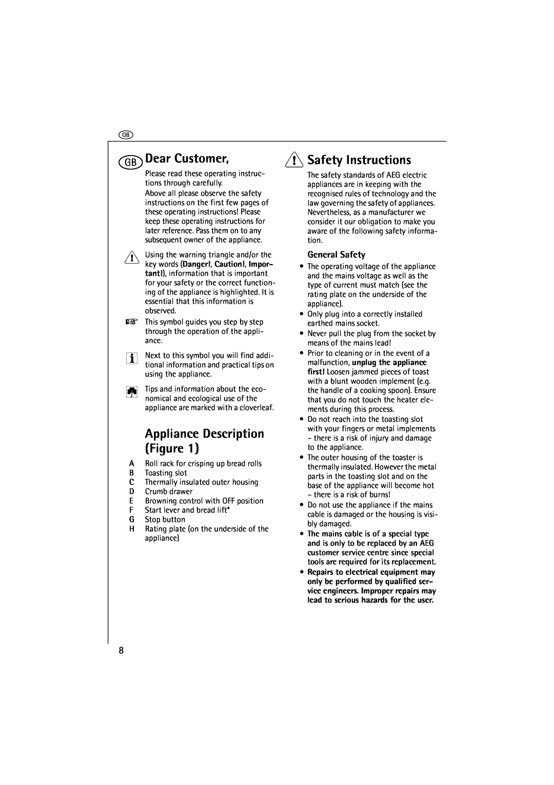 AEG AT 230 operating instructions gDear Customer, Safety Instructions, Appliance Description Figure, General Safety 