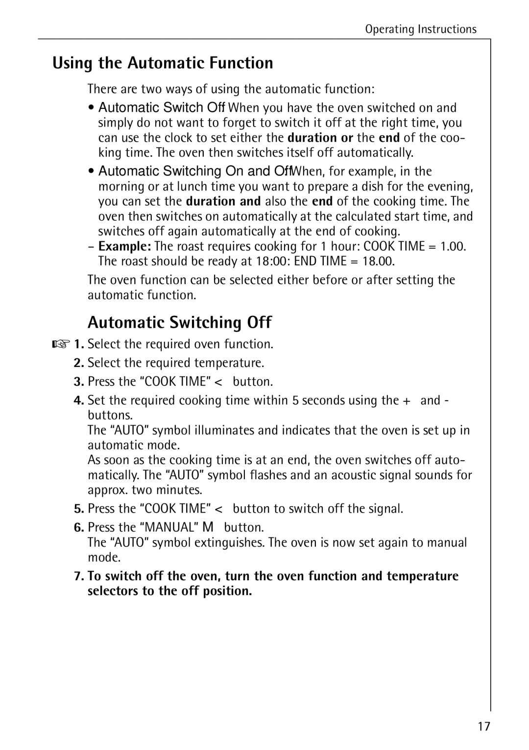 AEG B 2100 operating instructions Using the Automatic Function, Automatic Switching Off 