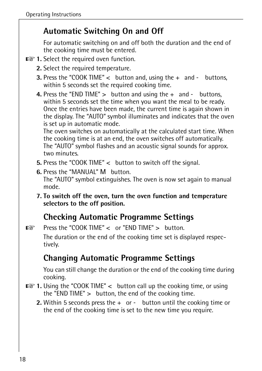 AEG B 2100 Automatic Switching On and Off, Checking Automatic Programme Settings, Changing Automatic Programme Settings 