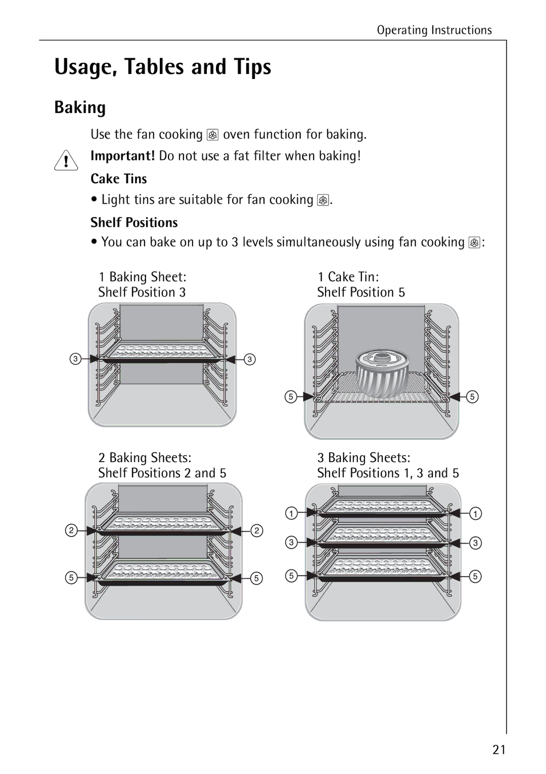 AEG B 2100 operating instructions Usage, Tables and Tips, Baking, Cake Tins 